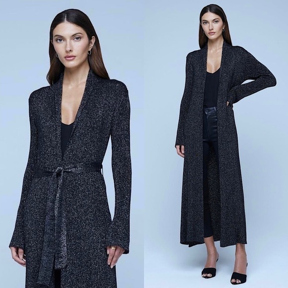 NWT L’AGENCE Sparkle Navy Rib Knit Lightweight Tie Waist Duster Long Cardigan XS - Picture 1 of 7
